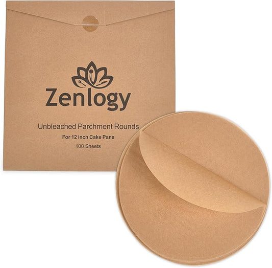 Zenlogy 12 Inch Parchment Paper Rounds (100 Sheets) - Unbleached, Pre-cut, High Heat, Round Liners - Fits 12 inch Round Cake Pans, Pizza Pans, and Air Fryer