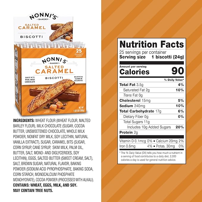 Nonni's Salted Caramel Milk Chocolate Biscotti Cookies ??Individually Wrapped Italian Coffee Snack, Crunchy Twice-Baked, 90 Cal Each, 21 oz Carton, 4 Pack