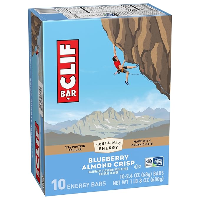 CLIF BAR - Blueberry Almond Crisp - Made with Organic Oats - Energy Bars - Non-GMO - Plant Based Protein Bars (10 Pack)