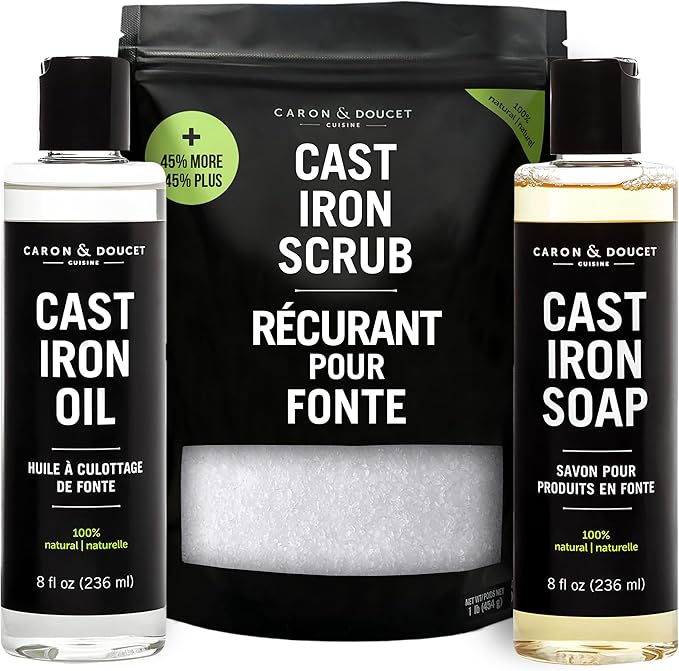 CARON & DOUCET ??New Ultimate Cast Iron Set: Seasoning Oil, Cleaning Soap & Restoring Scrub | 100% Plant-Based & Best for Cleaning Care, Washing, Restoring & Seasoning Skillets, Pans & Grills!