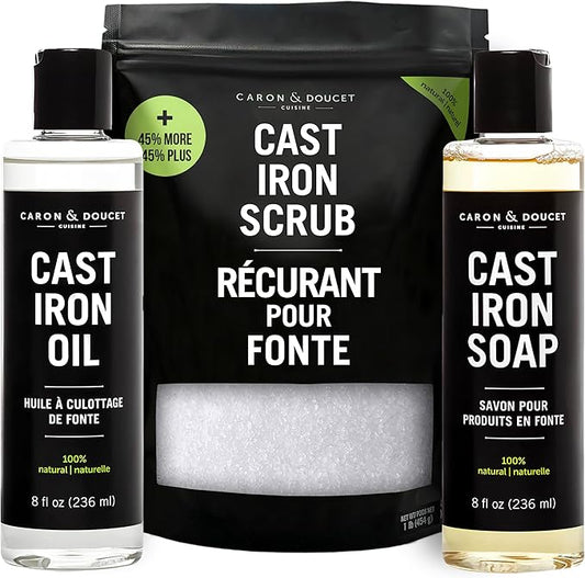 CARON & DOUCET ??New Ultimate Cast Iron Set: Seasoning Oil, Cleaning Soap & Restoring Scrub | 100% Plant-Based & Best for Cleaning Care, Washing, Restoring & Seasoning Skillets, Pans & Grills!