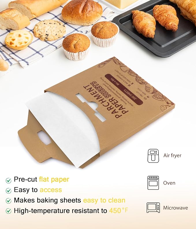 200PCS Parchment Paper Sheets, 8x8 Inch, Squares Baking Paper for Baking, Air Fryer, Steaming, Grilling, Roasting, Wrapping, Precut Non-Stick Square Pan Liners, Oven Paper for Bread, Cookies, Cake