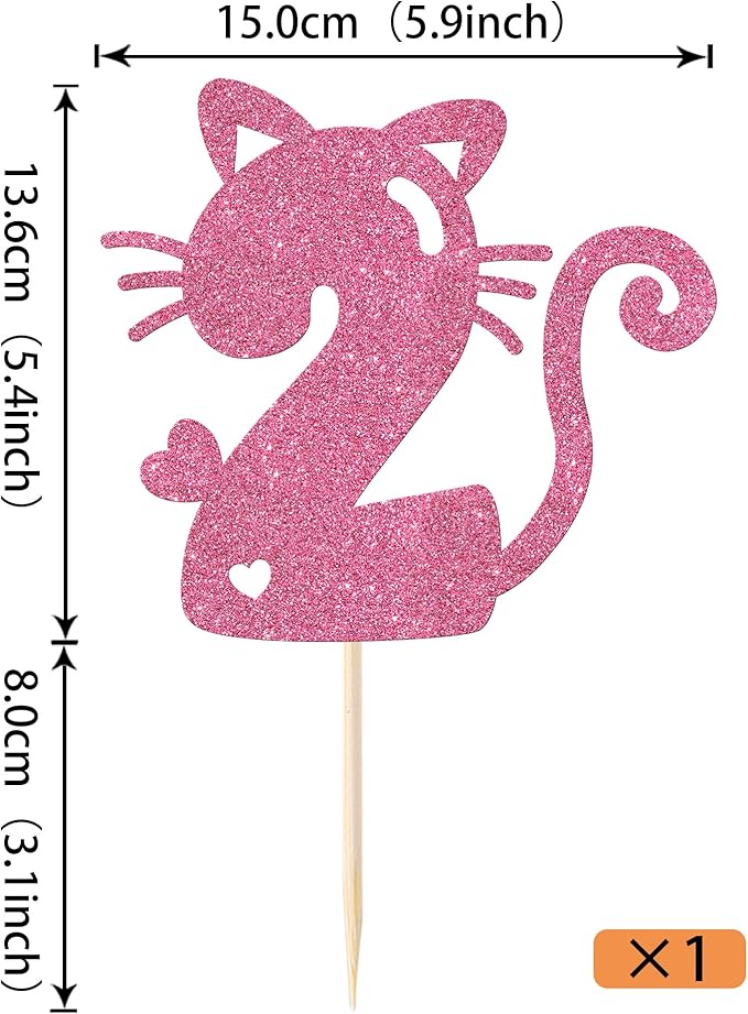1 Pack Cat Cake Topper 2nd Birthday Cake Pick Glitter Cute Pet Cat Cake Decoration for Cat Theme Baby Shower Kids Second Birthday Wedding Party Cake Decorations Supplies Pink
