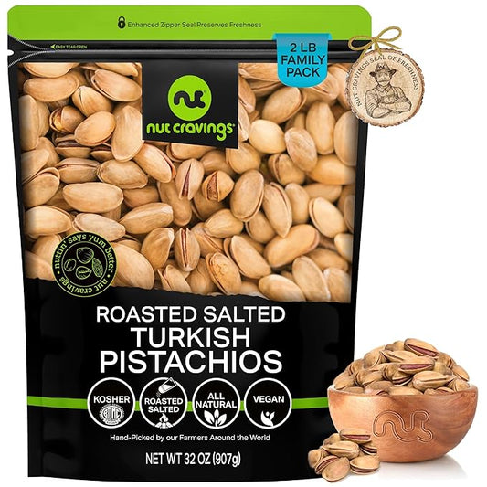 NUT CRAVINGS - Roasted & Lightly Salted Turkish Pistachios Antep (32oz - 2 LB) Packed Fresh in Resealable Bag - Nut Snack - Food Assortments
