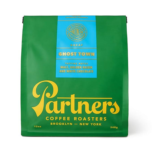 PARTNERS COFFEE ROASTERS - Whole Bean Coffee (Ghost Town - Decaf, Medium Roast) 12oz - Decaf Coffee via Mountain Water - Malt, Golden Raisin, White Chocolate - Coffee Beans - Roasted in New York City