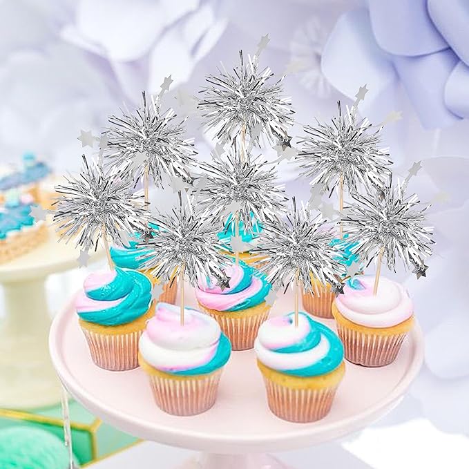Rsstarxi 30 Pack Foil Firework Cupcake Toppers Sparkle Tinsel Drink Birthday Cake Decorations Cocktail Food Fruit Toothpick for New Years Wedding Birthday Party Decorations Silver
