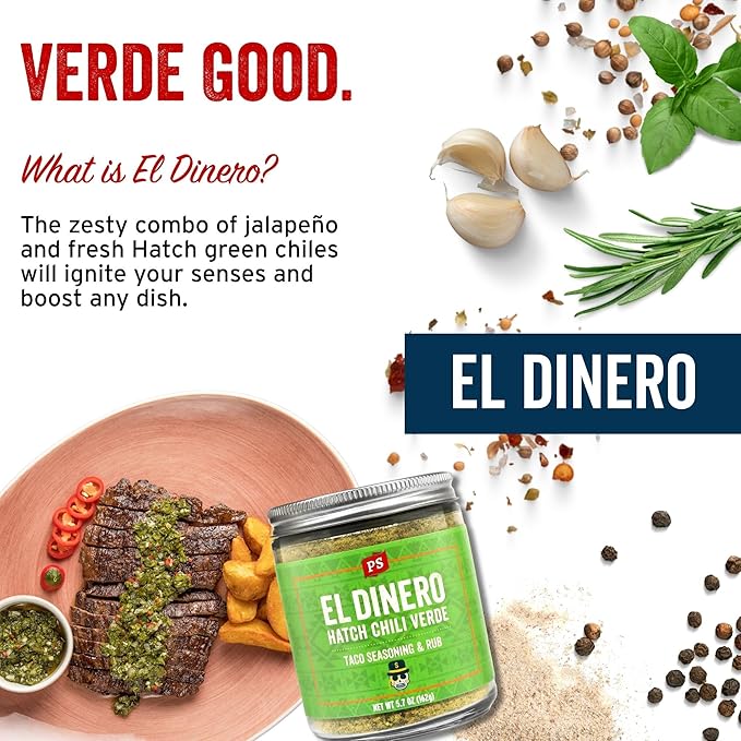 PS Seasoning El Dinero Taco Seasoning Mix - Hatch Chili Verde and Jalapeno Blend, Dry BBQ Rub for Tacos, Beans, Casserole, Chicken, Pork, Beef - Mexican Seasoning BBQ Rub for Smoking and Grilling