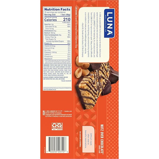 LUNA Bar - Nutz Over Chocolate Flavor - Gluten-Free - Non-GMO - 7-9g Protein - Made with Organic Oats - Low Glycemic - Whole Nutrition Snack Bars - 1.69 oz. (15 Count)