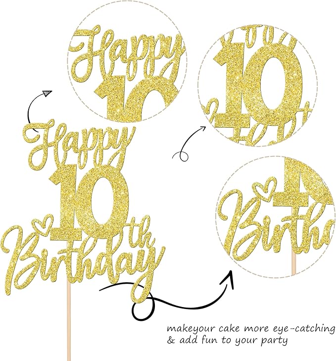 1 PCS Happy 10th Birthday Cake Topper Glitter Cheers to 10 Years Birthday Cake Pick Ten 10 Fabulous Cake Decoration for Happy 10th Birthday Anniversary Theme Party Decorations Supplies Gold