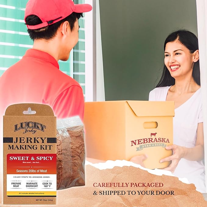 Lucky Jerky Sweet & Spicy DIY Jerky Seasoning Kit - Seasons 20lbs of Meat | Easy-to-Use Kit for Homemade Beef Jerky | Create Delicious, Customized Jerky with Teriyaki, Brown Sugar, and Red Pepper Heat