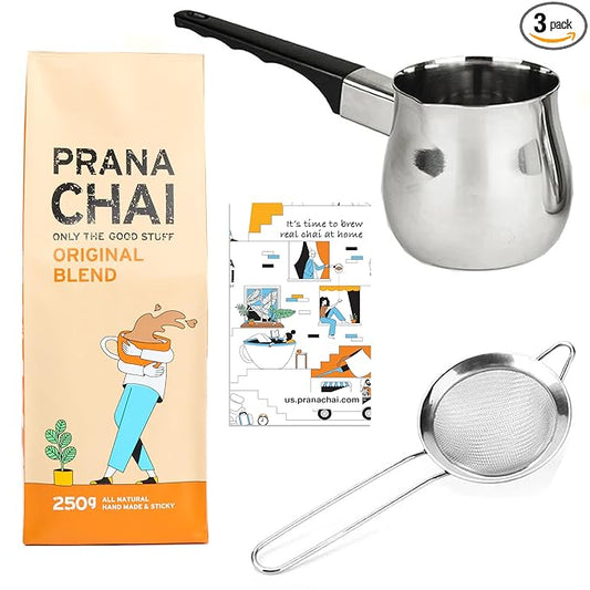 Prana Chai 1 bag chai lovers starter pack including chai teapot, fine mesh strainer and 1 bag of all-natural masala blend. Only the Good Stuff.