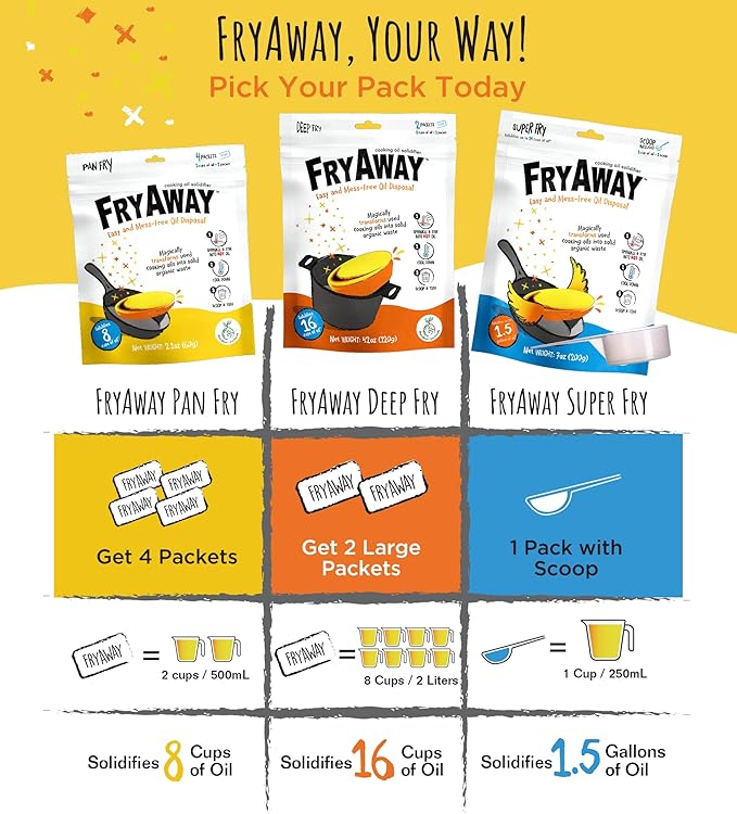 FryAway Super Fry Cooking Oil Solidifier, Super Value 3-Pack ??Solidifies 4.5 Gallons Cooking Oils - Plant-Based Powder - Fry Oil Away for Mess-Free Cleanup and Disposal - Easy to Use, Made in the USA
