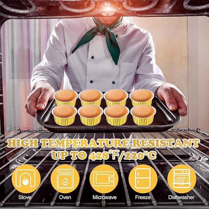 Gejoy 400 Pcs Aluminum Foil Baking Cups with Lids 5 oz Disposable Ramekins Mini Cake Pans Creme Brulee Cupcake Liners Muffin Tins Flan Mold Dessert Container for Wedding(Gold Color,Elegant)