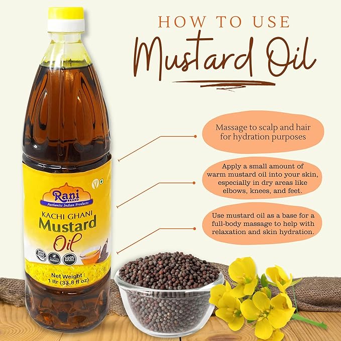 Rani Mustard Oil (Kachi Ghani) 33.8 Ounce (1 Liter) Pack of 12, NON-GMO | Gluten Free | Vegan | 100% Natural | Kosher