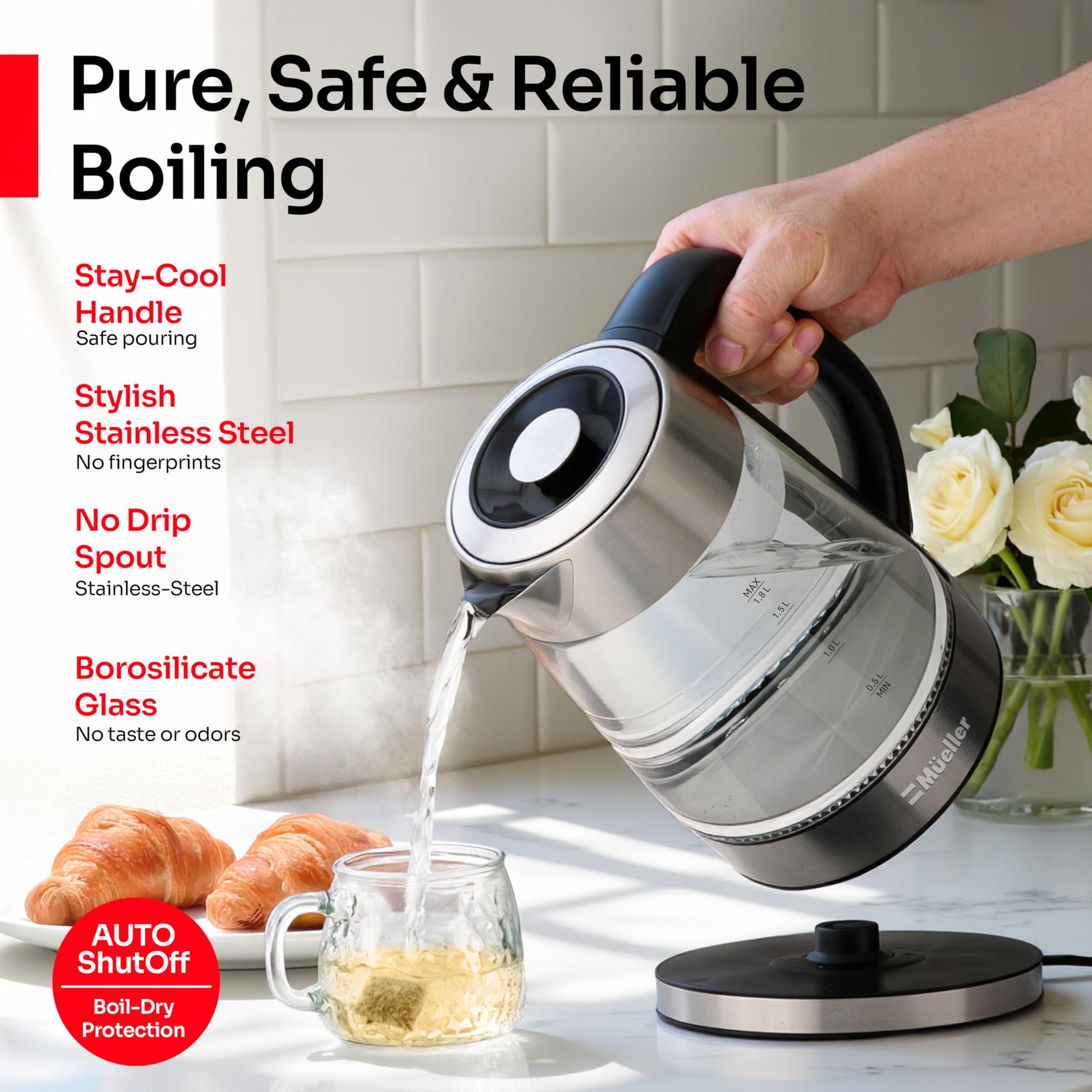 MUELLER HOME Rapid Boil Electric Tea Kettle 1.8L, BPA-Free Hot Water Boiler