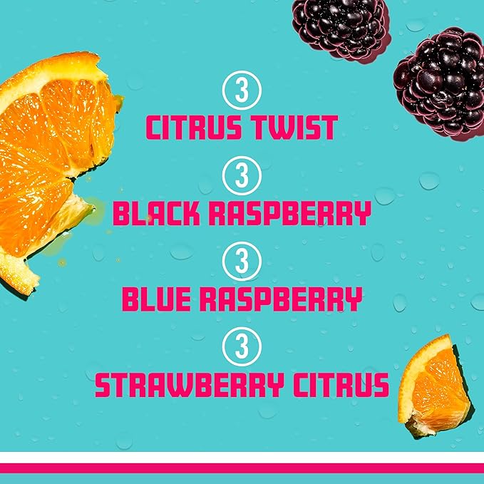 Sparkling Ice Caffeine Variety Pack, Flavored Sparkling Water, Zero Sugar, with Vitamins and Antioxidants, 16 fl oz, 12 count (Citrus Twist, Black Raspberry, Blue Raspberry, Strawberry Citrus)