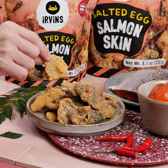 Irvins Salted Egg Salmon Skins, 3.7 Ounce (Pack of 3) (8.1oz (Pack of 3), Salted Egg)