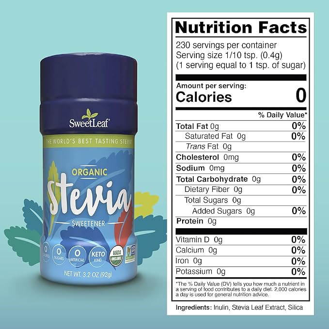 SweetLeaf Organic Stevia Powder Shaker Jar - Zero Calorie Sweetener with Stevia Leaf Extract, No