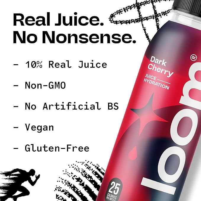 Dark Cherry Juice Drinks by Loom, Low Sugar Juice, Real Fruit, No Added Sugar, 30 Calories, Vegan, Gluten Free, 12 oz bottles, 12 pack