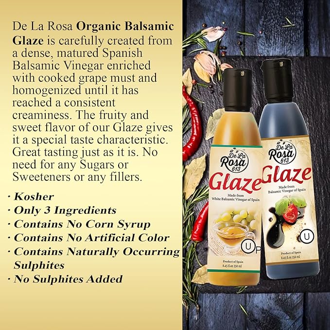 De La Rosa Dark & White Balsamic Glaze, Vegan, Kosher for Passover & Gluten Free, Great for Salad Dressings, Marinades & More, Made from balsamic Vinegar of Spain, 8.45 Oz (combo)