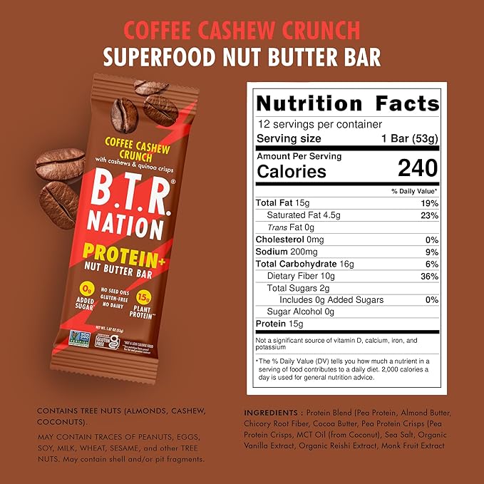 B.T.R. Nation Vegan Keto Plant Based High Protein & High Fiber Bars - Coffee Cashew Crunch Protein+ | 12 Bars | Low Carb & GF, Free of Sugar Alcohols, Dairy, Soy and with Powerful Superfoods!