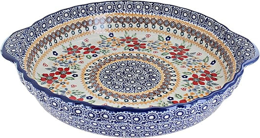 Blue Rose Polish Pottery - Blue Red Daisy Pie Plate with Handles - 9.75" Diameter - Ceramic Baking Dish, For Pies, Quiches & Desserts