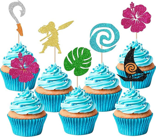 Rsstarxi 30 Pack Moana Cupcake Toppers Glitter Palm Leaf Flower Cupcake Picks Tropical Hawaiian Luau Cupcake Decorations for Moana Baby Shower Birthday Party Cake Decorations