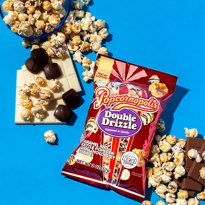 Popcornopolis Double Drizzle 6 ct, 2 oz Case, Caramel and Kettle with Chocolatey Stripes Flavored Indulgent Popcorn