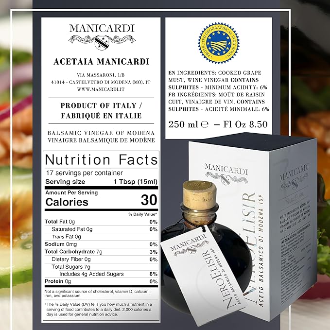 MANICARDI Traditional Balsamic Vinegar of Modena PGI - Black Elisir with Drip-Stop Dispenser Perfect for Snacks, Pasta, Vegetables, Salad Dressings, Meat - Made in Italy, 8.45 Fl Oz (250 ml)