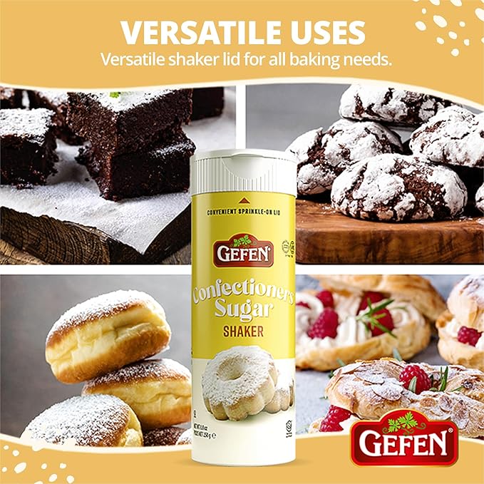 Gefen Confectioners Sugar Shaker, 8.8oz | Powdered Sugar Duster | Corn Free | Gluten Free | Premium Confection Sugar | Kosher