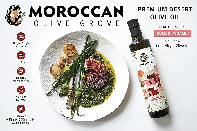 MOROCCAN OLIVE GROVE - Bold & Dynamic - Premium Desert Extra Virgin Cold Extracted Olive Oil, 100% Single Origin from Morocco, Polyphenol Rich - 16.9 Fl oz (500ml) (Red 500ml *)
