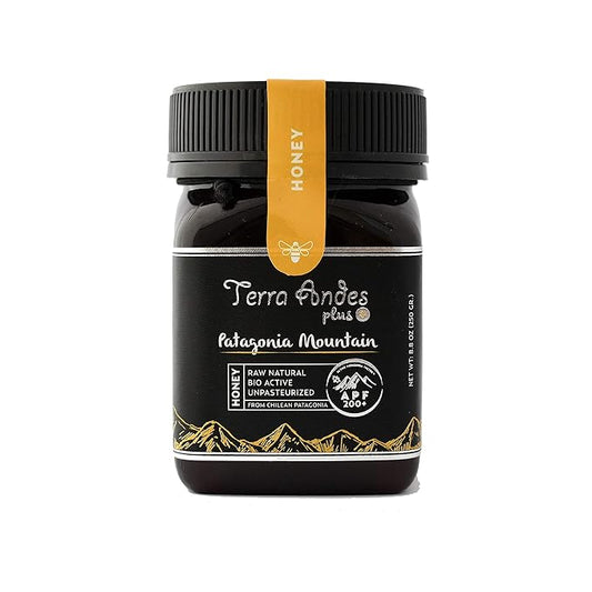 Patagonia Mountain Honey APF 100+ by TERRA ANDES PLUS | Raw natural organic honey. Highest bioactive grade. Made in Chilean Patagonia. 100% pure. NON Gmo. Awarded worldwide. Unfiltered Honey, 8.8 oz