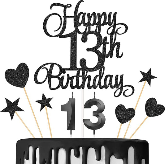 13th Birthday Cake Decorations, 13th Birthday Candles Cake Numeral Candles and Glitter Happy 13th Birthday Cake Toppers Set for Birthday Party Supplies (Black)