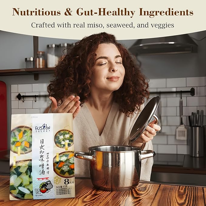 Fusion Select Freeze Dried Miso Soup Packets - Variety Pack with 4 Flavors - Vegetable, Shallot, Tofu & Okra Flavored Japanese Instant Miso - Just Add Water - 8 Single Serve Soup Packs, 2 per Flavor