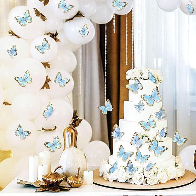 30pcs Blue Gold Edge Mixed Size Lively 3D Waterproof Butterfly Cupcake Topper for Girls Women's Happy Birthday Wedding Party Cake Wall Party Food Decorations