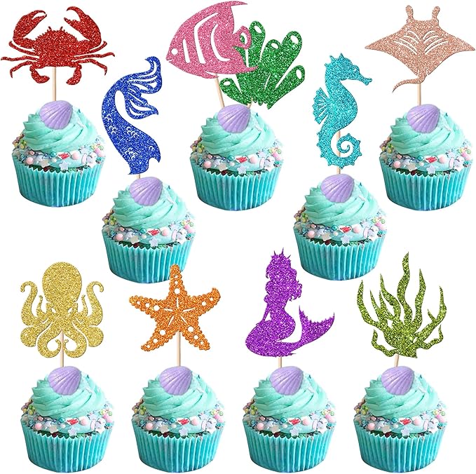 30 Pack Mermaid Cupcake Toppers Glitter Seahorse Starfish Mermaid Tail Cupcake Picks Octopus Jellyfish Mermaid Tail Cupcake Decorations for Baby Shower Under The Sea Birthday Cake Decorations