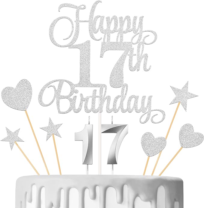 17th Birthday Cake Decorations, 17th Birthday Candles Cake Numeral Candles and Glitter Happy 17th Birthday Cake Toppers Set for Birthday Party Supplies (Silver)