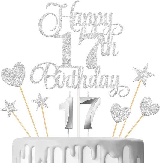 17th Birthday Cake Decorations, 17th Birthday Candles Cake Numeral Candles and Glitter Happy 17th Birthday Cake Toppers Set for Birthday Party Supplies (Silver)