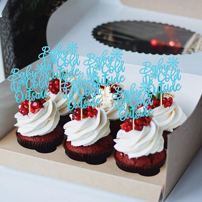 30 PCS Baby It's Cold Outside Snowflake Cupcake Toppers Glitter Winter Frozen Theme Cupcake Picks for Winter Wonderland Shower Birthday Party Cake Decorations Supplies Blue