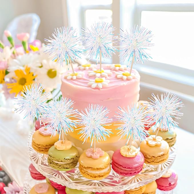 Rsstarxi 30 Pack Foil Firework Cupcake Toppers Birthday Party Decorations Sparkle Tinsel Cocktail Food Fruit Toothpick for Valentine's Day Wedding Birthday Party Decorations Silver