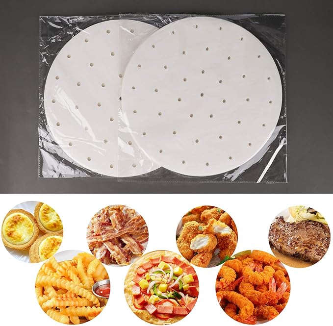 Beasea Air Fryer Parchment Paper 11 Inch, 200pcs Disposable White Perforated Parchment Paper for Air Fryer and Steaming Basket