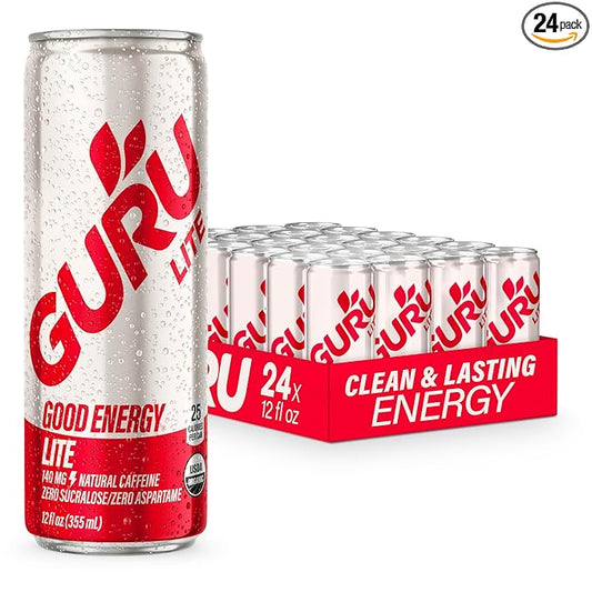 GURU Lite Organic Energy Drinks, Clean Energy Drink with Plant Based Natural Caffeine from Green Tea, Low Calorie, Gluten Free and Vegan, 140MG Caffeine, Healthy Drinks, 12oz (Pack of 24)