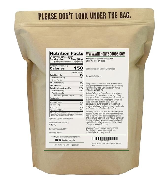 Anthony's Organic Yellow Popcorn Kernels, 3 lb, UnPopped, Gluten Free, Non GMO