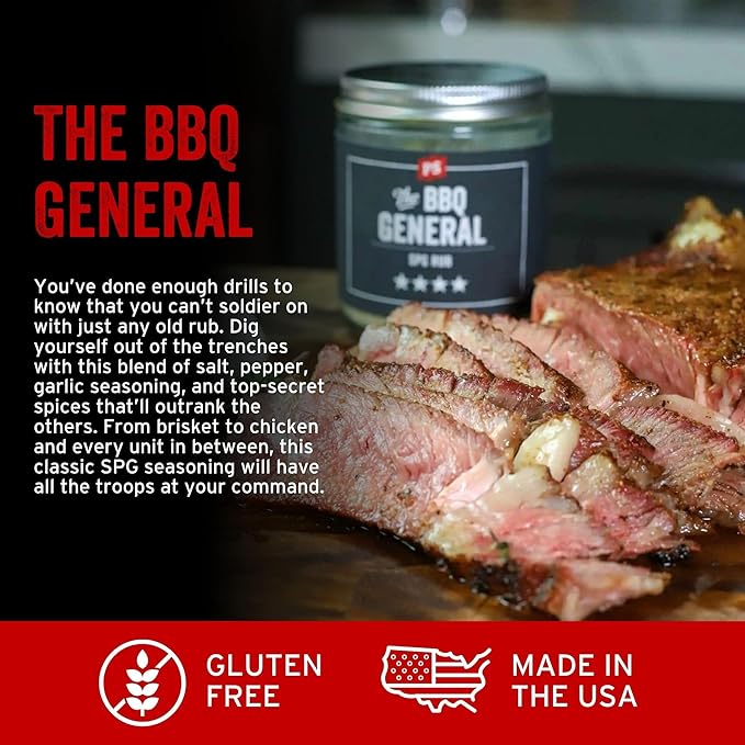 PS Seasoning The BBQ General - SPG Seasoning, All-Purpose BBQ Seasoning and Rubs for Smoking and Grilling - Classic SPG Spice Blend and Multi-Purpose Dry Rub for Steaks, Pork, Chicken, Beef Brisket
