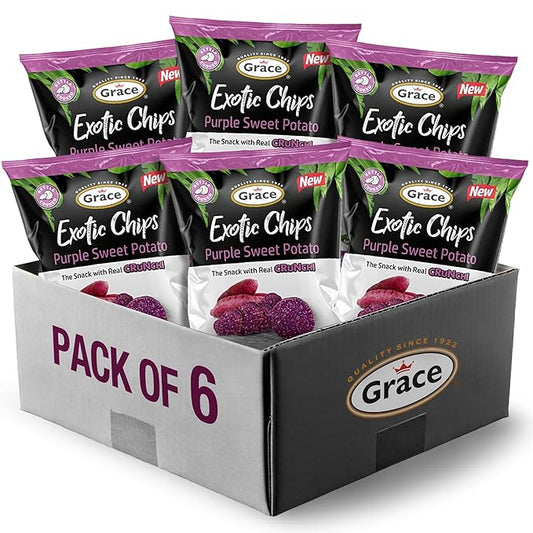 Grace Exotic Purple Sweet Potato Chips 2.5 Ounce - 6 Pack - All Natural Real Vegetable from the Andean Highlands - Kettle Cooked Gluten Free Crunchy Vegan Snack - Low Sodium - No Sugar Added