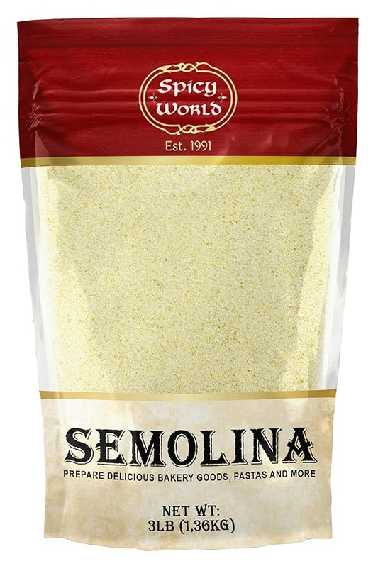 Spicy World Semolina Flour 3 LB (48 Ounce) | USA Grown Semolina for Pizza, for Pasta, and Bread Making | Fine Ground, Bulk Yellow Durum Semola Flour for Pizza Peel