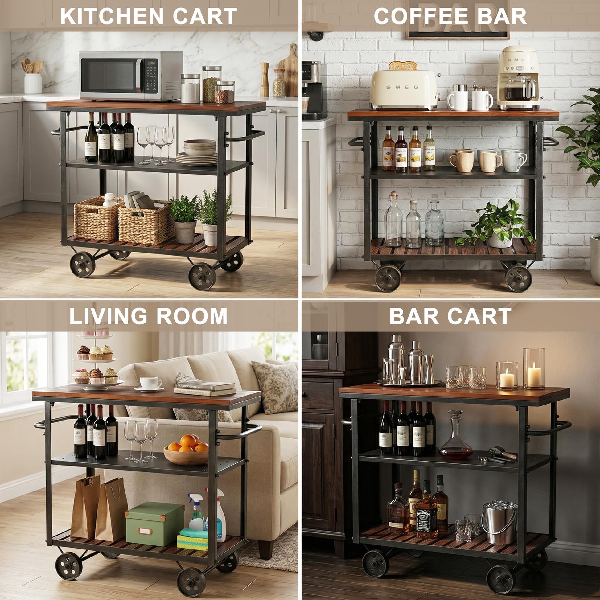 BOKKOLIK Vintage Rolling Bar Cart on Wheels Industrial Mobile Serving Cart Metal and Wood Design
