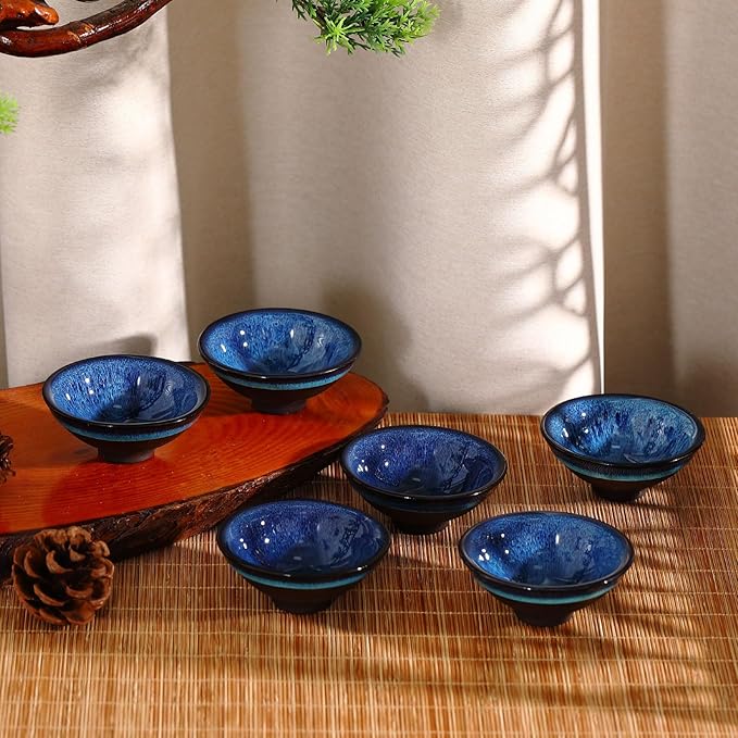 Skyley 6 Pieces Korean Soju Shot Glasses Sets Porcelain Cups Korean Ceramic Cups Tea Accessories Drinkware, Handcrafted Ceramic(Blue,Starry Sky Pattern)