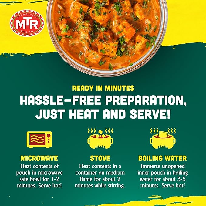 MTR - Minute Meals: Paneer Tikka Masala - Cottage Cheese with Spicy Onion Gravy - Tasty Indian Meal with No Added Preservatives - A Quick Meal Suitable for Vegetarians, Ready in Minutes! (Pack of 6)