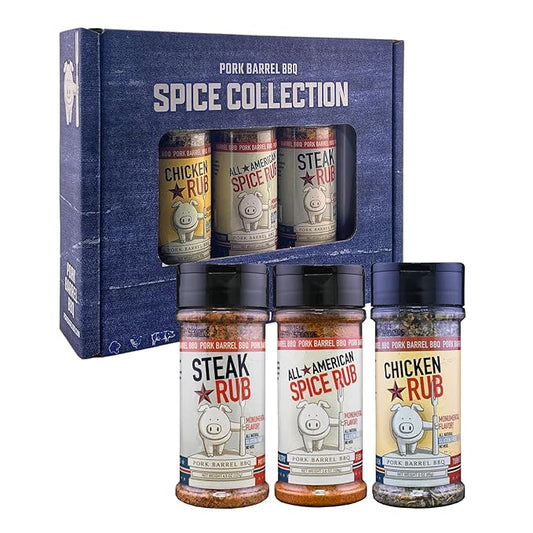 Pork Barrel BBQ Spice Collection Gift Pack | Gifts for Men| 3.8 oz All American Spice, 4.5 oz Steak and 3 oz Chicken, All Purpose BBQ Rub - No MSG, Gluten-Free, Zero Calorie